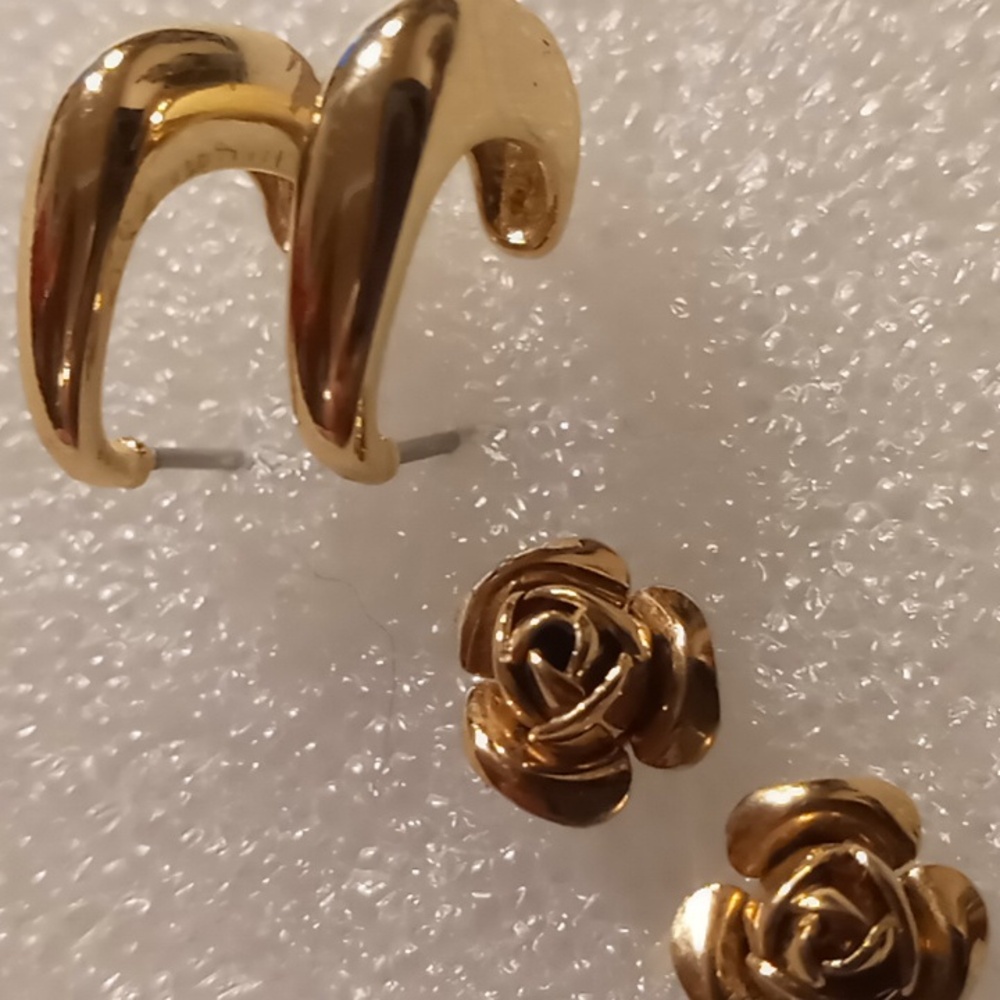 Monet designer earrings square half hoop & stud roses in gold tone